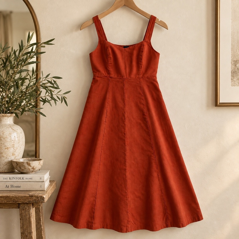 Old Navy Womens Linen Blend Smocked Midi Dress Rust Orange Pockets Large